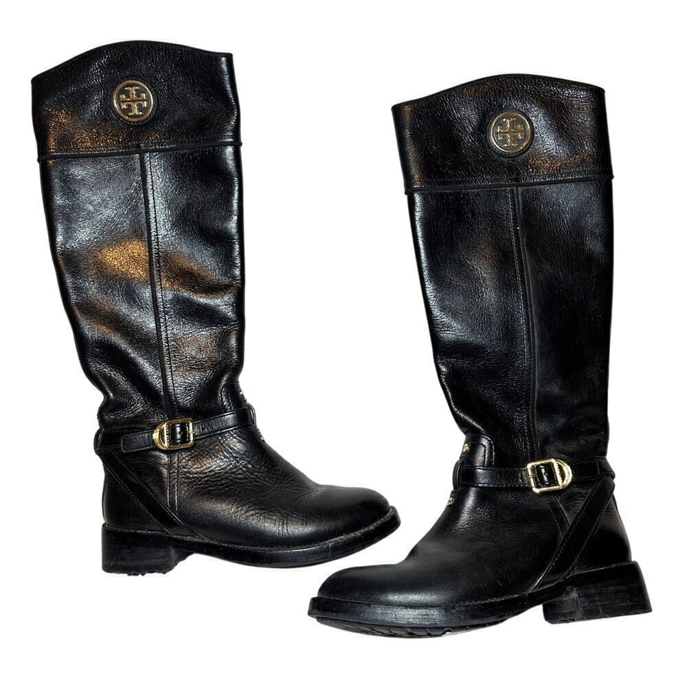 Tory Burch Size 5.5 Logo Tall Side Zipper Riding Boot Black Leather Quiet Luxury